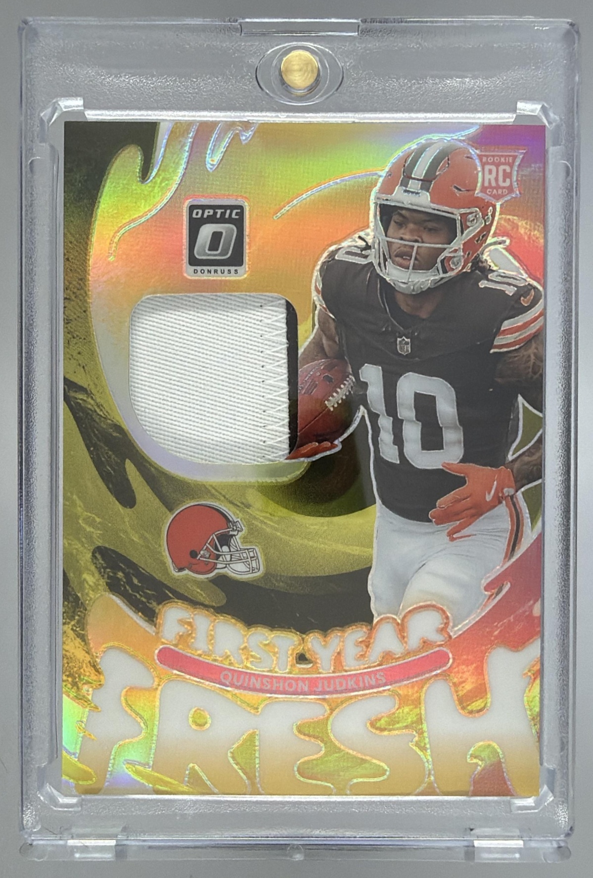 Card image for 2025 Panini Donruss Optic Quinshon Judkins First Year Fresh Neon Yellow Prizm /99 #FYFBH-QJS RC MEM Browns