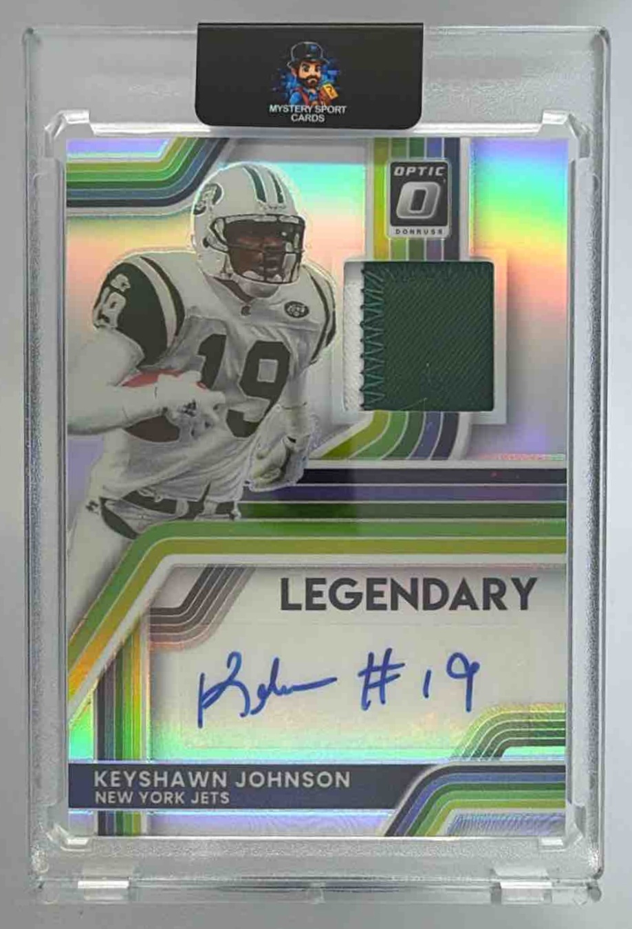 Card image for 2025 Panini Donruss Optic Keyshawn Johnson Legendary Patch Auto /35 #10 MEM Jets