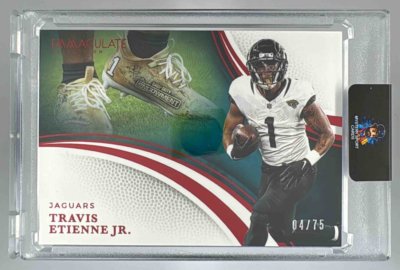 Card image for 2025 Panini Immaculate Collection Travis Etienne Jr. Red /75 #64 Cleat Variation Jaguars