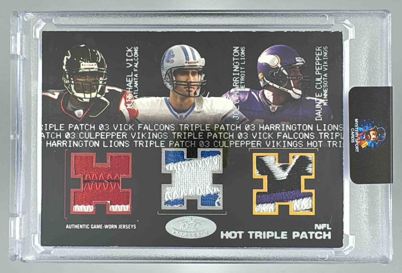 Card image for 2003 Fleer Hot Prospects Michael Vick Joey Harrington Daunte Culpepper Triple Patches /50 #V-H-C