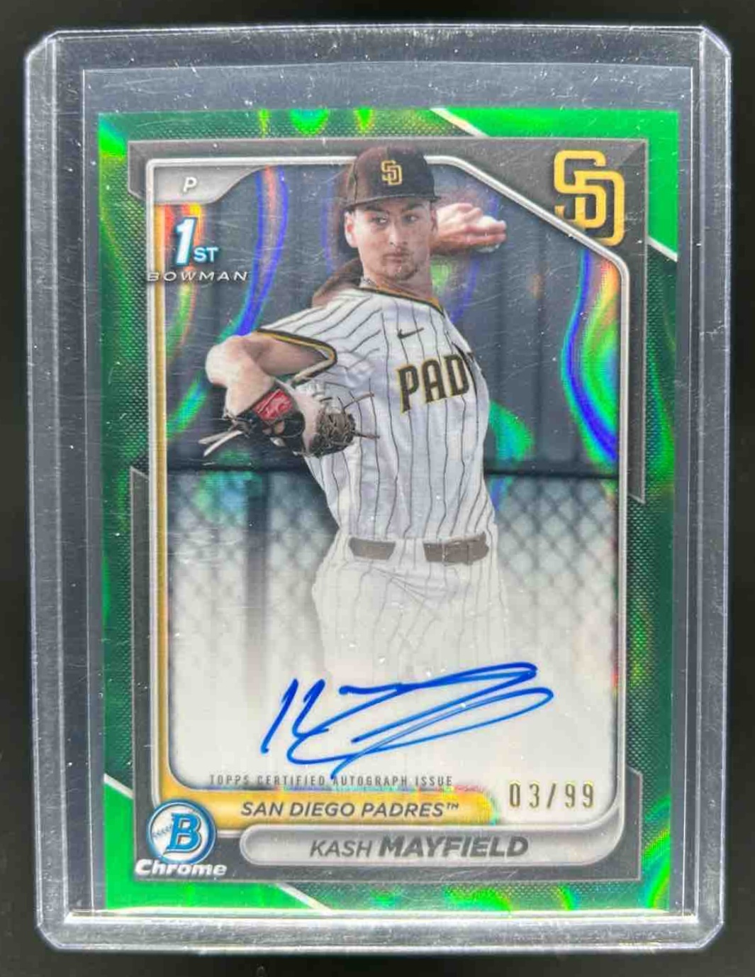 Kash Mayfield 2024 Bowman Draft Chrome Prospect Auto Green Lava Refractor /99
