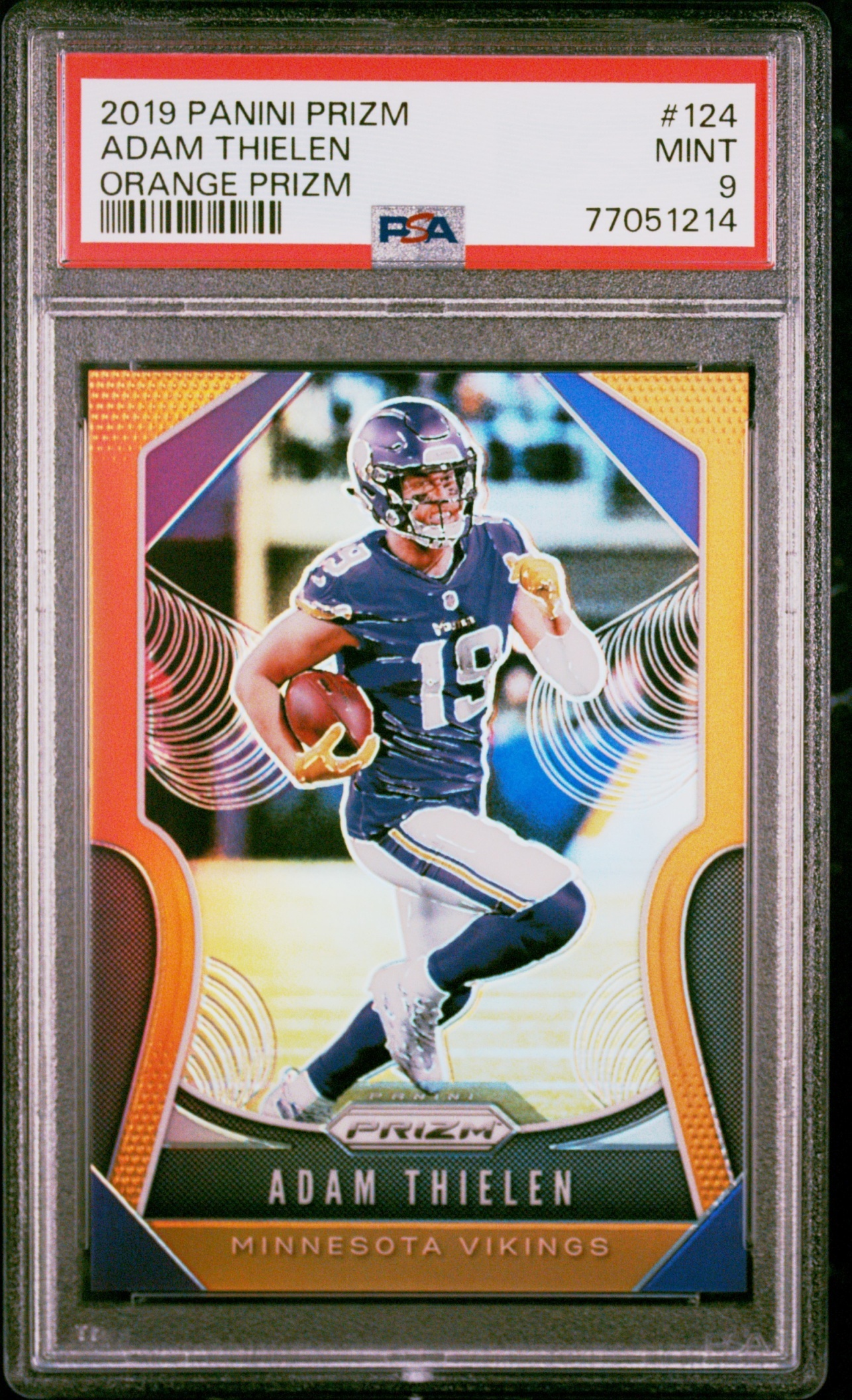 Card image for 2019 Panini Football Prizm Adam Thielen Orange /249 #124 Minnesota Vikings