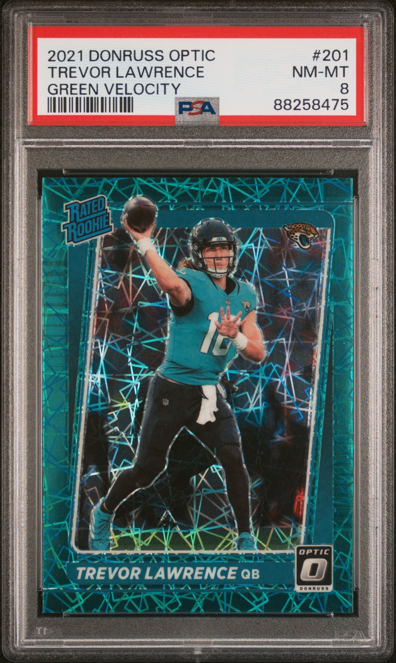 Card image for 2021 Panini Donruss Optic Trevor Lawrence Green Velocity #201 RC Rated Rookie Jaguars