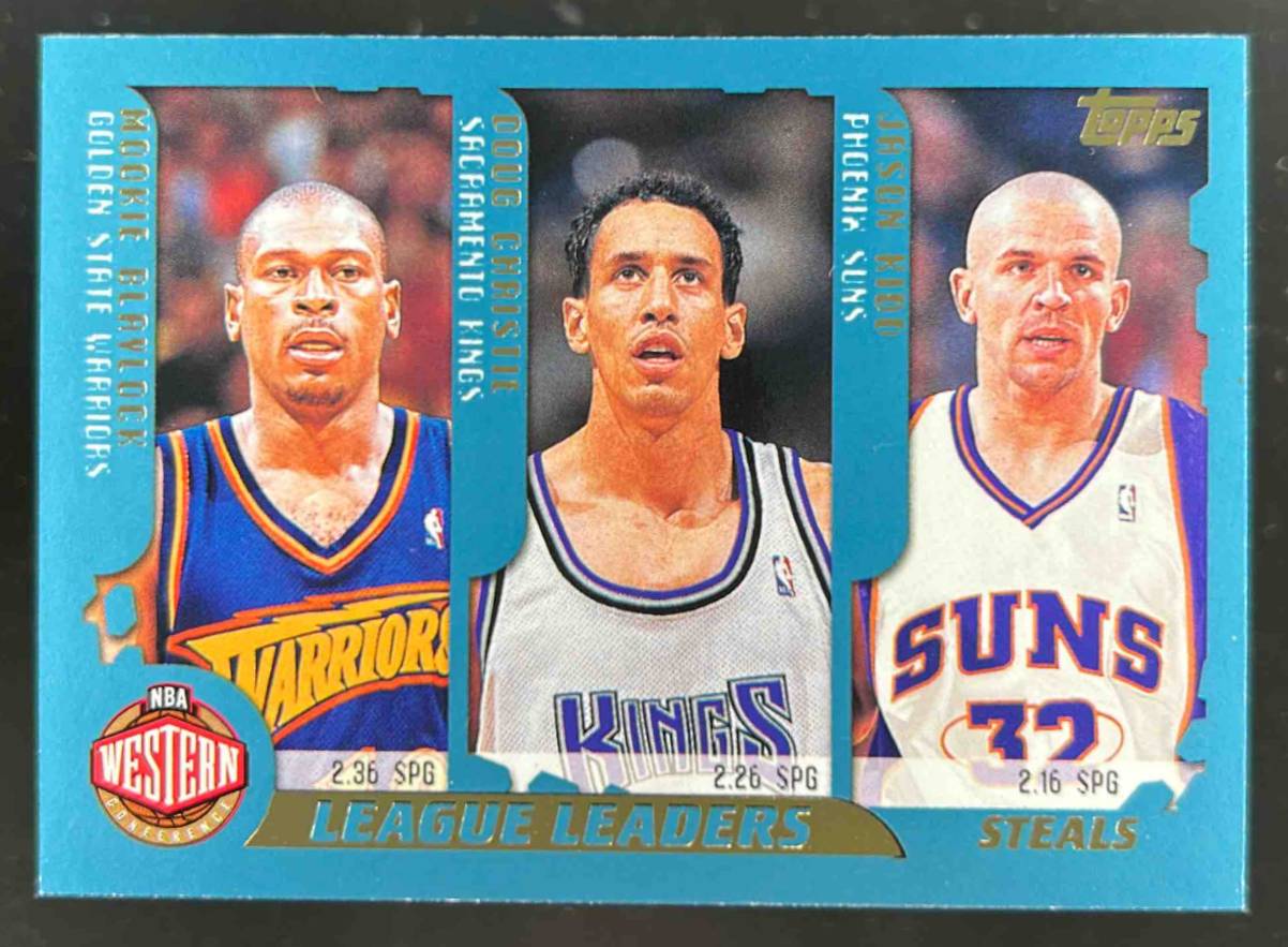 Card image for 2001-02 Topps Steals Leaders (Mookie Blaylock / Doug Christie Jason Kidd Allen Iverson Baron Davis Ron Artest) LL #218