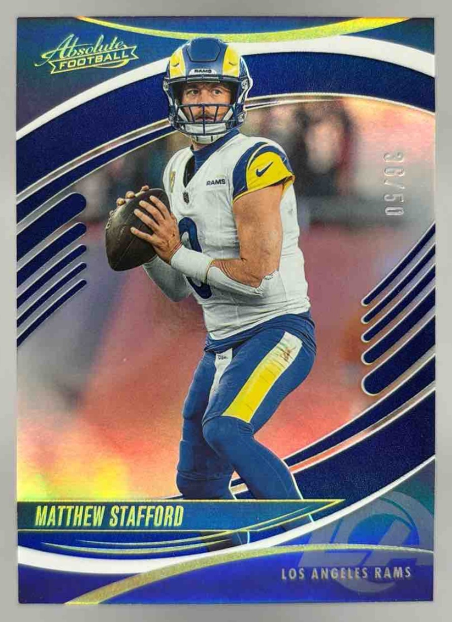 Card image for 2025 Panini Absolute Matthew Stafford Spectrum Blue /50 #42 Rams
