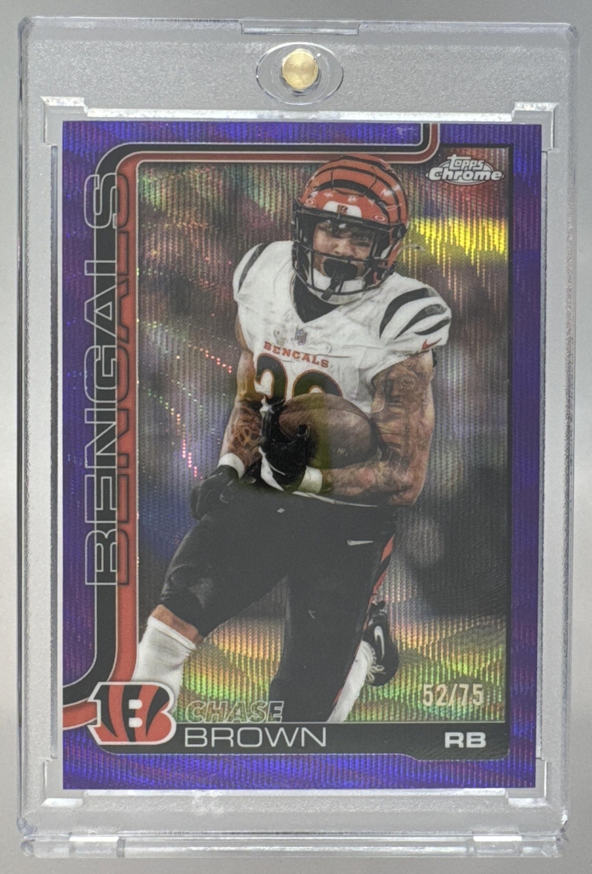Card image for 2025 Topps Chrome Chase Brown Football Leather Purple Refractor /75 #62 Bengals