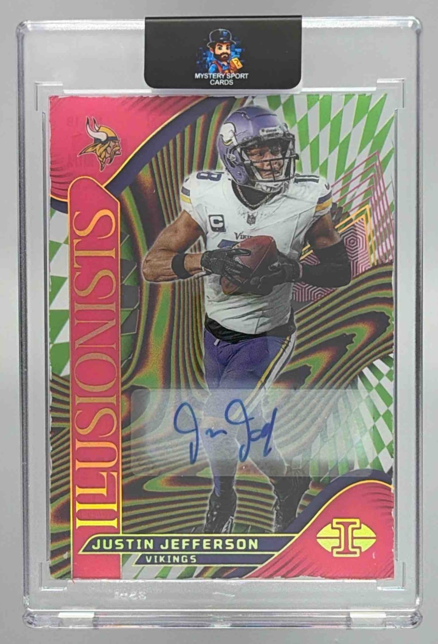 Card image for 2024 Panini Illusions Justin Jefferson Illusionists Auto Pink /50 #18 Vikings