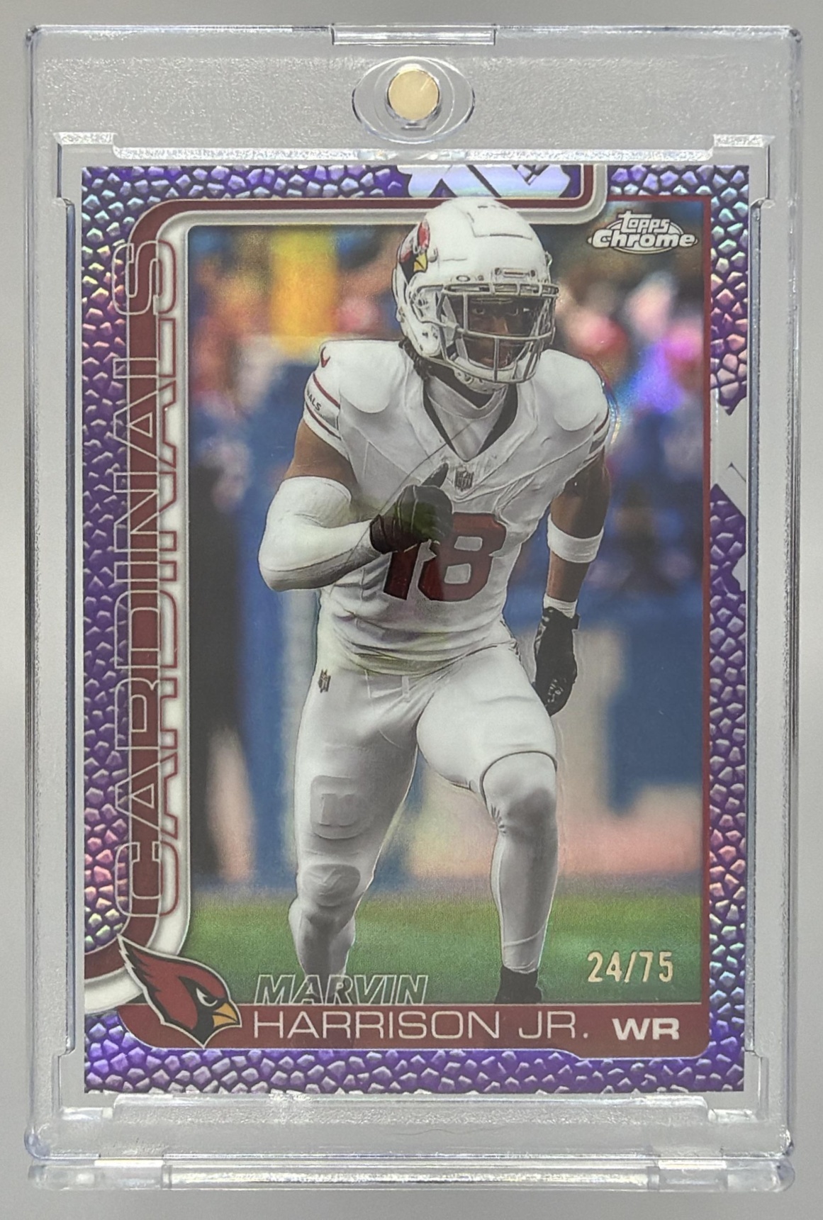 Card image for 2025 Topps Chrome Marvin Harrison Jr. Football Leather Purple Refractor /75 #1 Cardinals