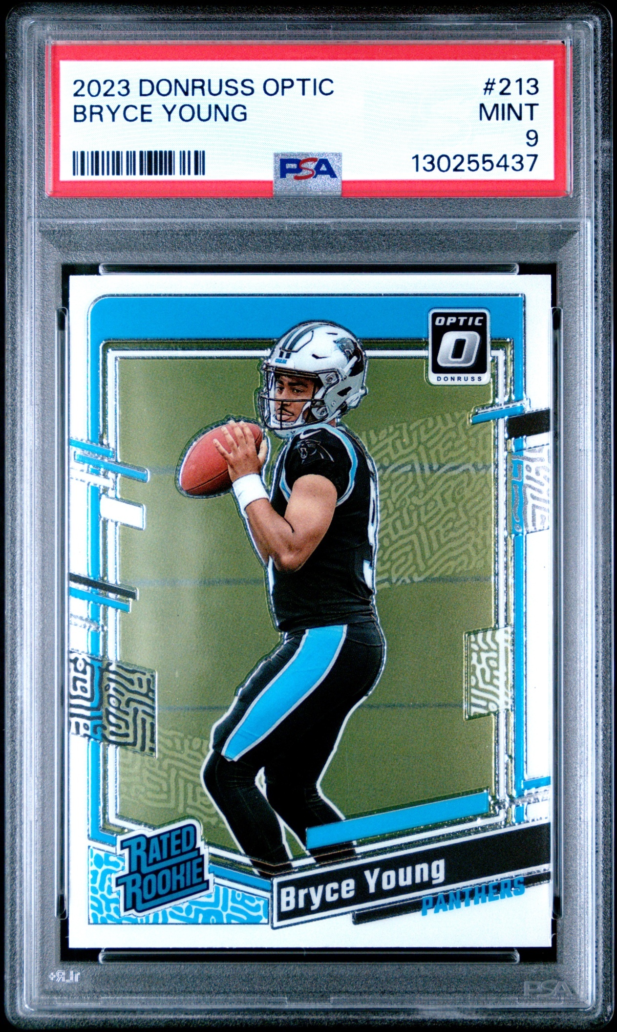 Card image for 2023 Panini Donruss Optic Bryce Young Blue Hyper Prizm #213 RC Rated Rookie Panthers
