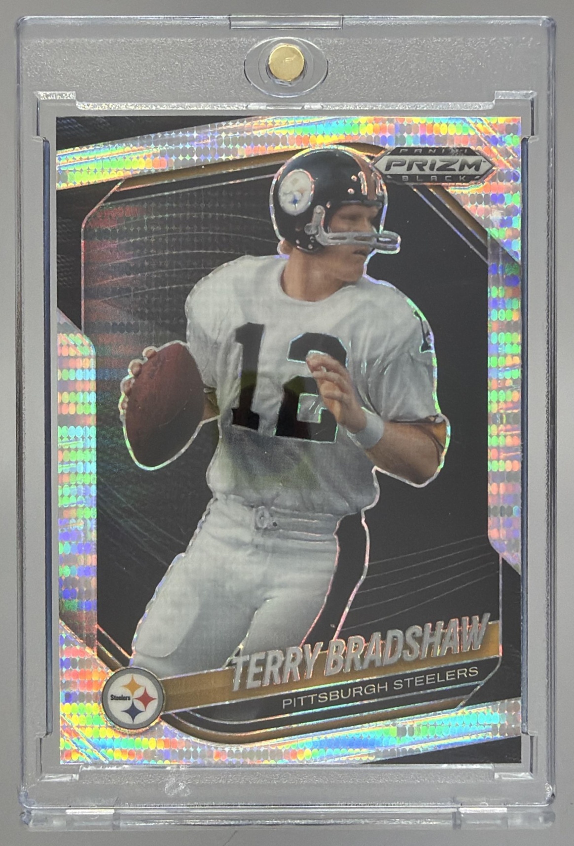 Card image for 2025 Panini Prizm Black Terry Bradshaw Nebula FOTL 1/1 #123 Steelers