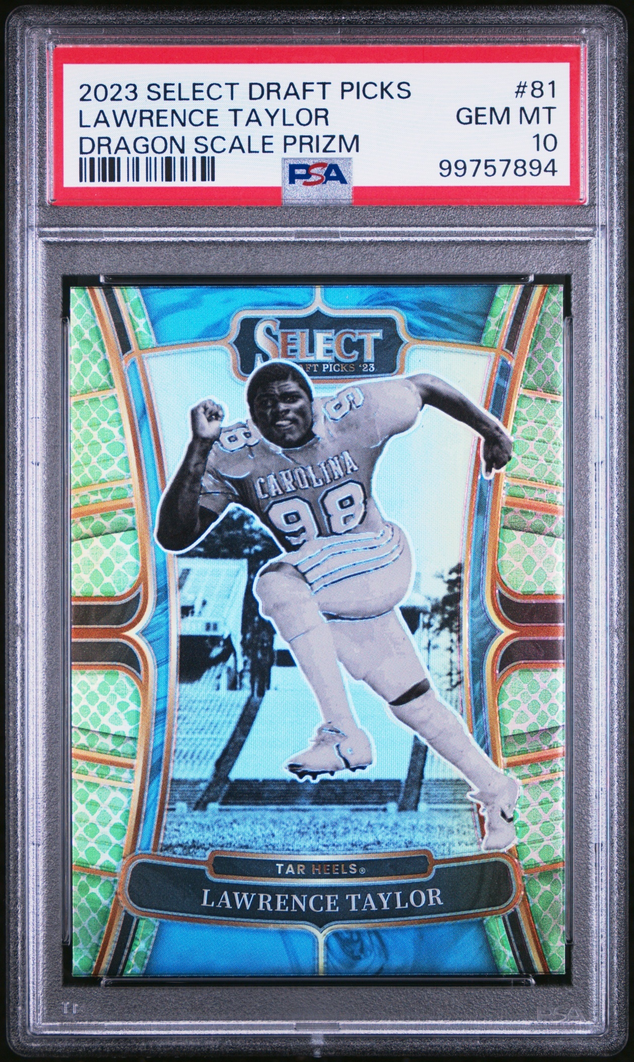 Card image for 2023 Panini Select Draft Picks Lawrence Taylor Dragon Scale Prizm #81 Tar Heels