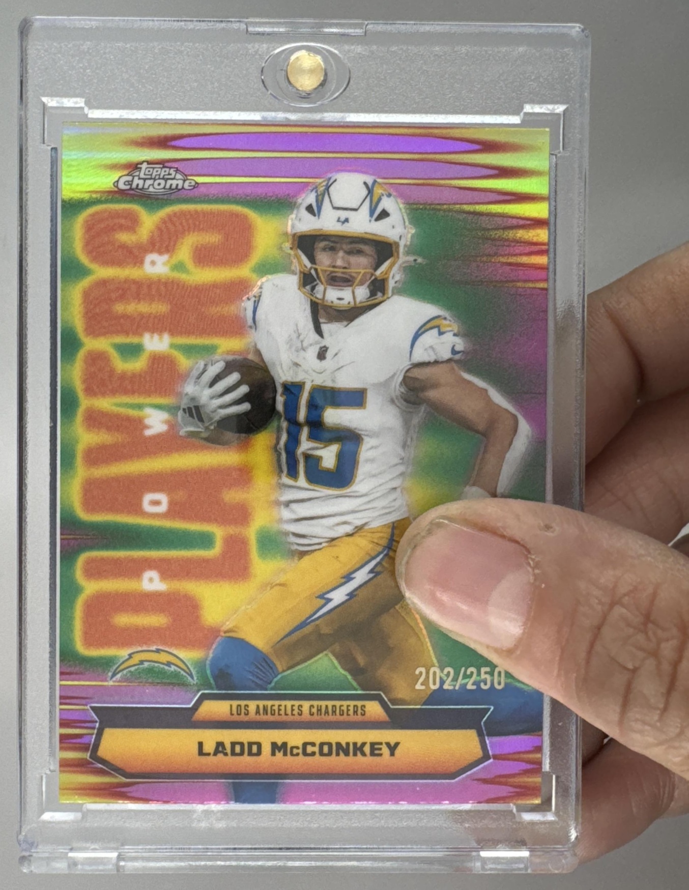 Card image for 2025 Topps Chrome Ladd McConkey Power Players Pink Refractor /250 #PP-27 Chargers