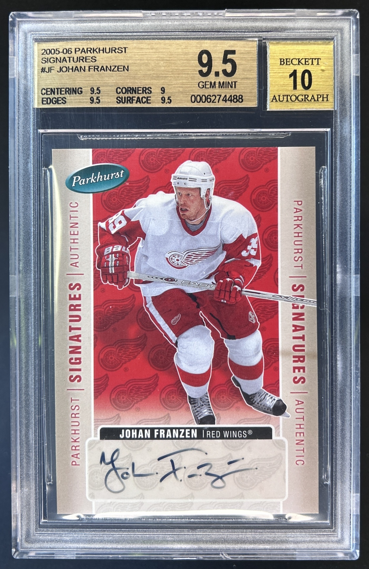 Card image for 2005 JOHAN FRANZEN #JF AUTHENTIC SIGNATURES ROOKIE RC AUTO BGS 9.5 DETROIT RED WINGS