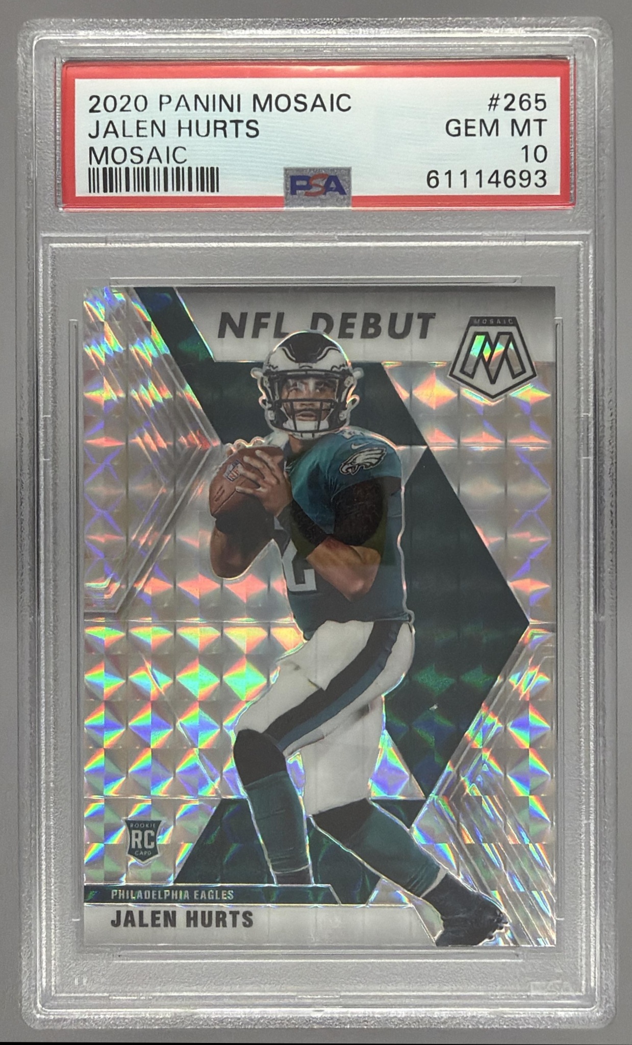 Card image for 2020 Panini Football Mosaic Jalen Hurts Mosaic Prizm #265 RC Philadelphia Eagles
