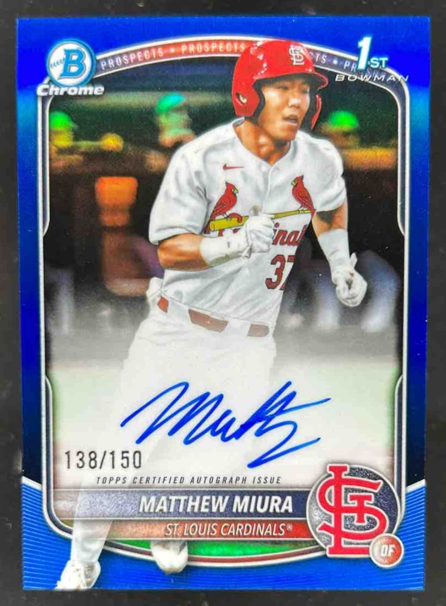 Card image for Matthew Miura 2025 Bowman Draft Chrome Prospect Auto Blue Refractor /150