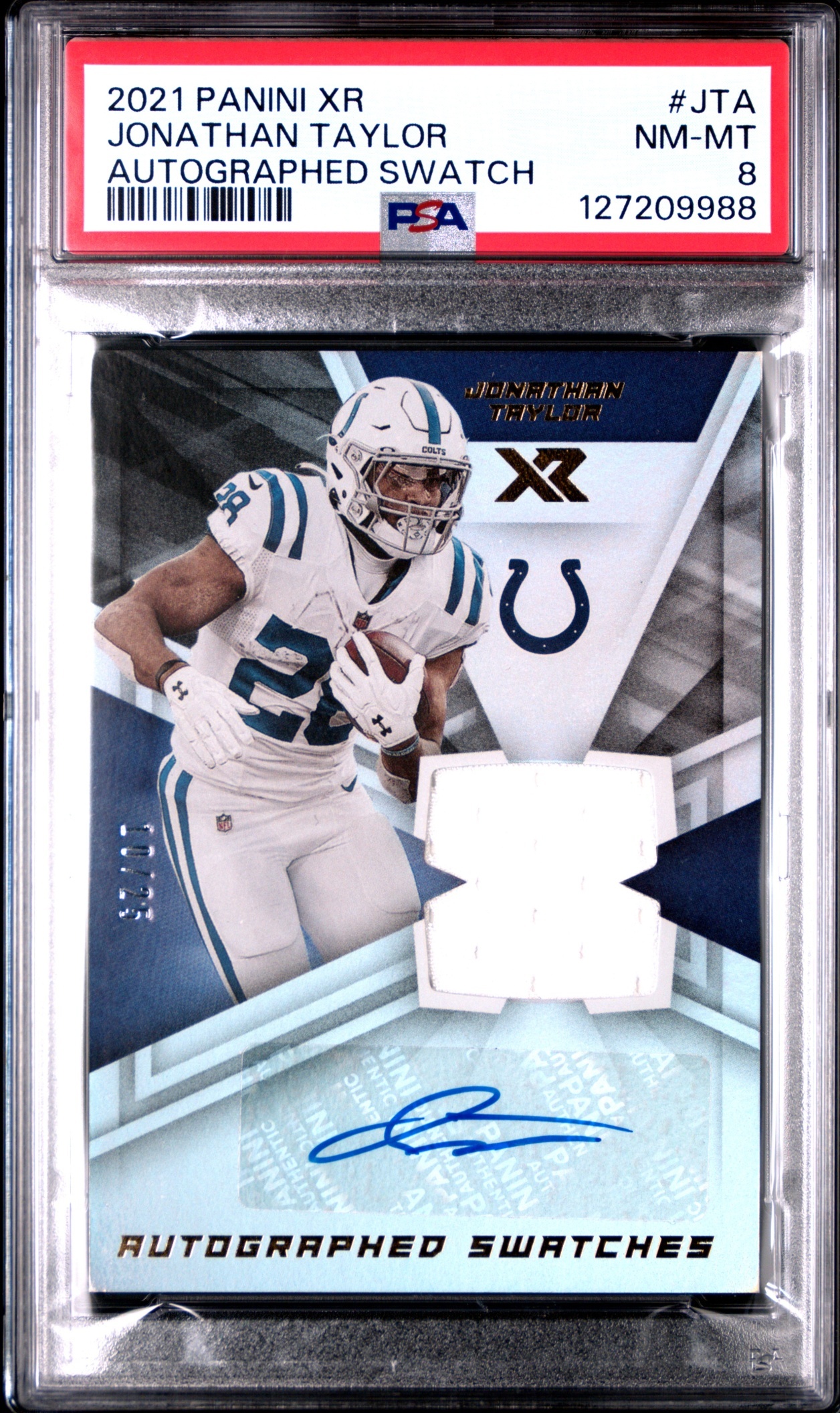 Card image for 2021 Panini XR Jonathan Taylor Auto Swatches MEM Colts PSA 8