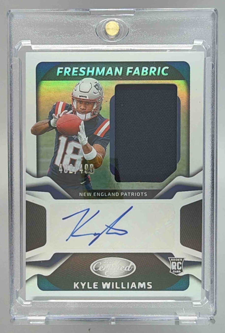 Card image for 2025 Panini Certified Kyle Williams Freshman Fabric Mirror Signatures /499 #FBC-KWS MEM RC Auto Patriots