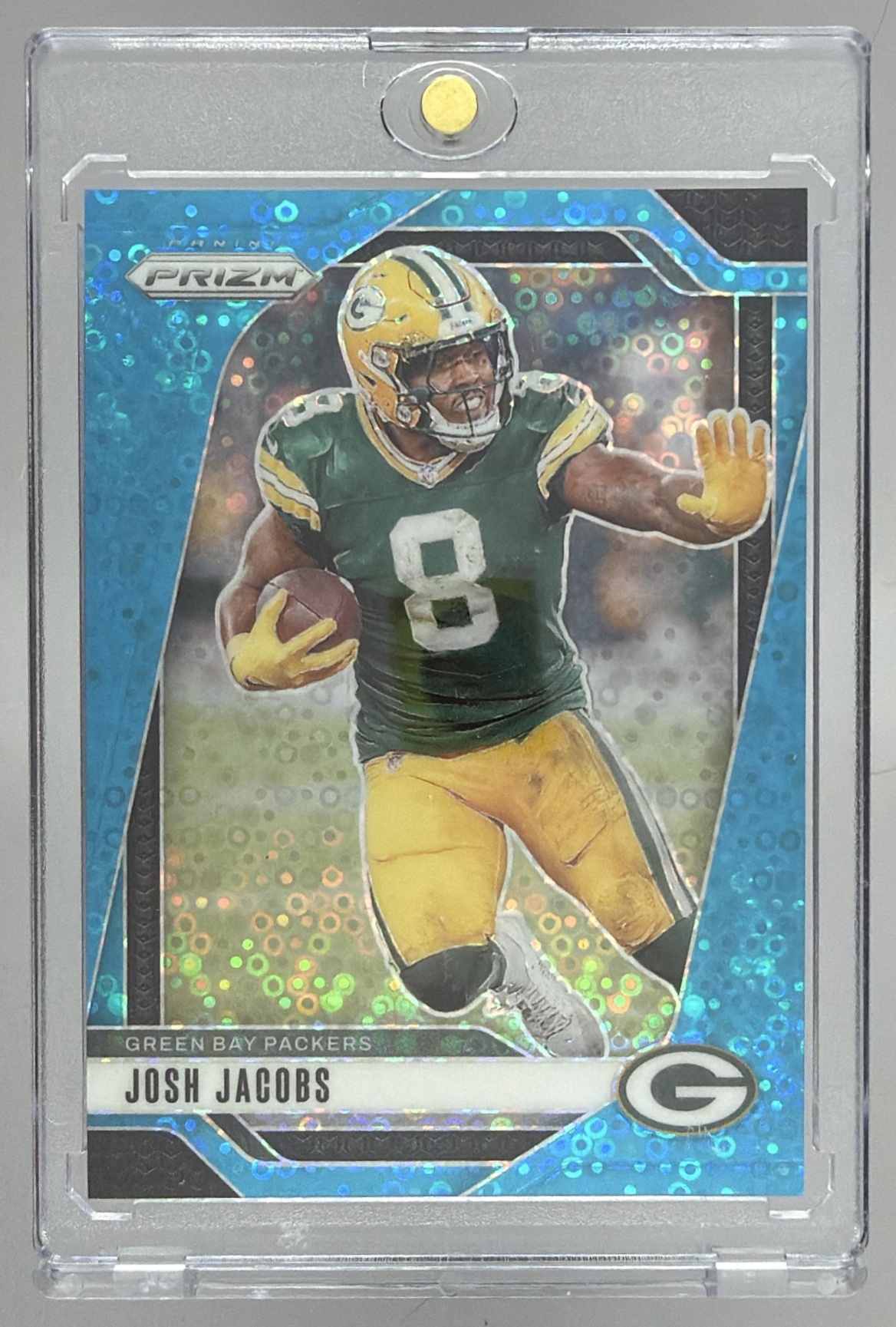 Card image for 2024 Panini Football Prizm Josh Jacobs Blue Ice /99 #102 Green Bay Packers