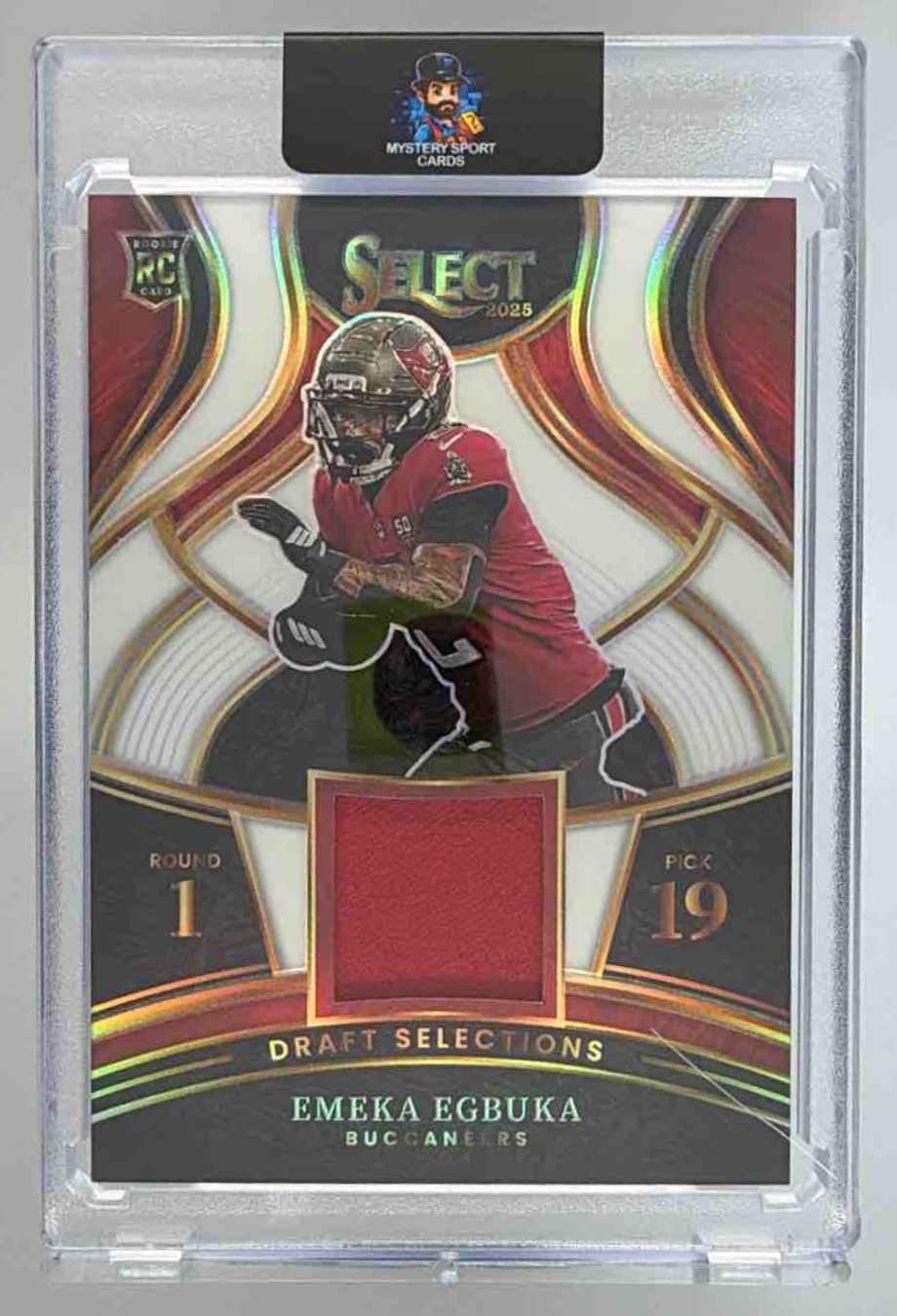 Card image for 2025 Panini Select Emeka Egbuka Draft Selections Memorabilia White Prizm /99 #DSM-EEA MEM RC Buccaneers