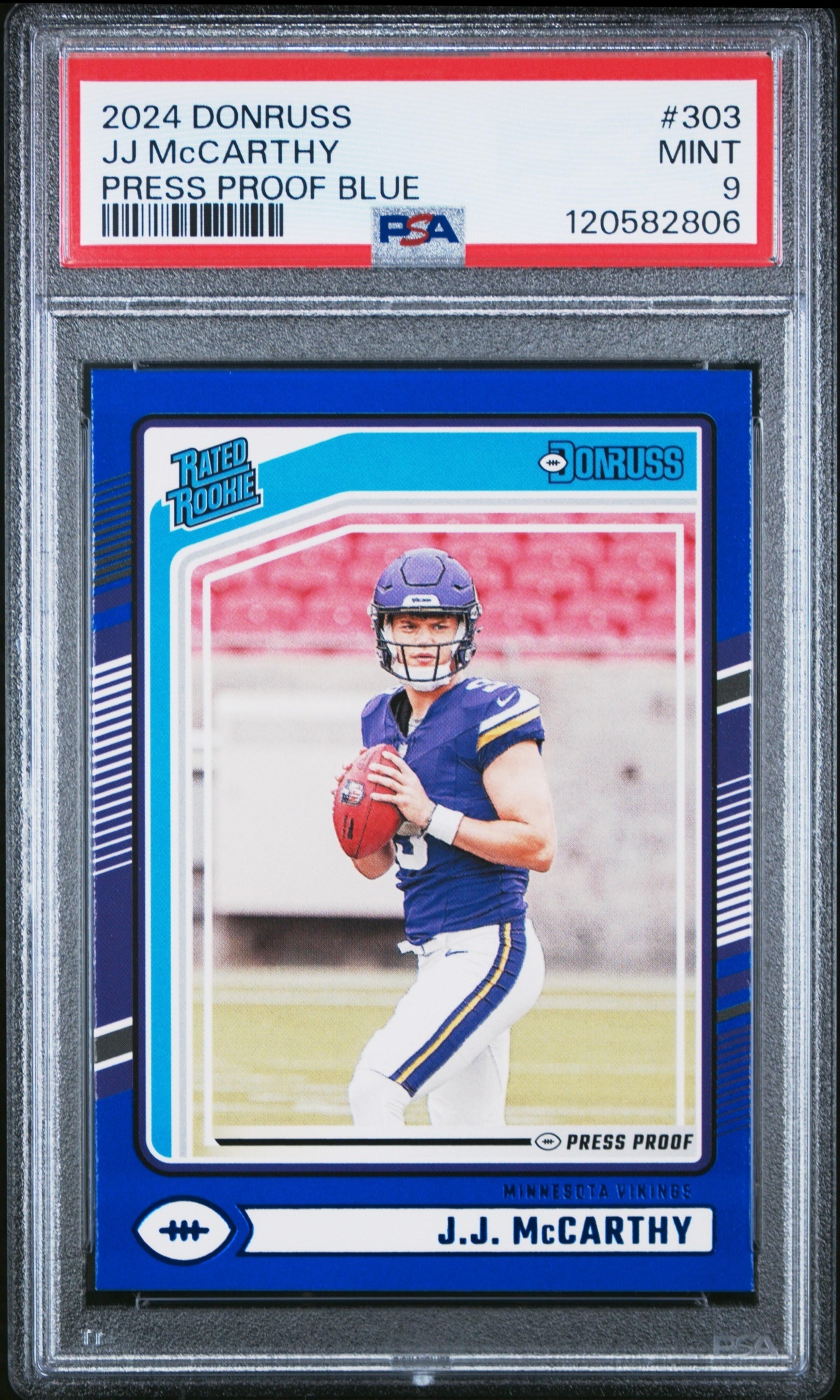 Card image for 2024 Panini Donruss J.J. McCarthy Press Proof Blue #303 Rated Rookie Vikings