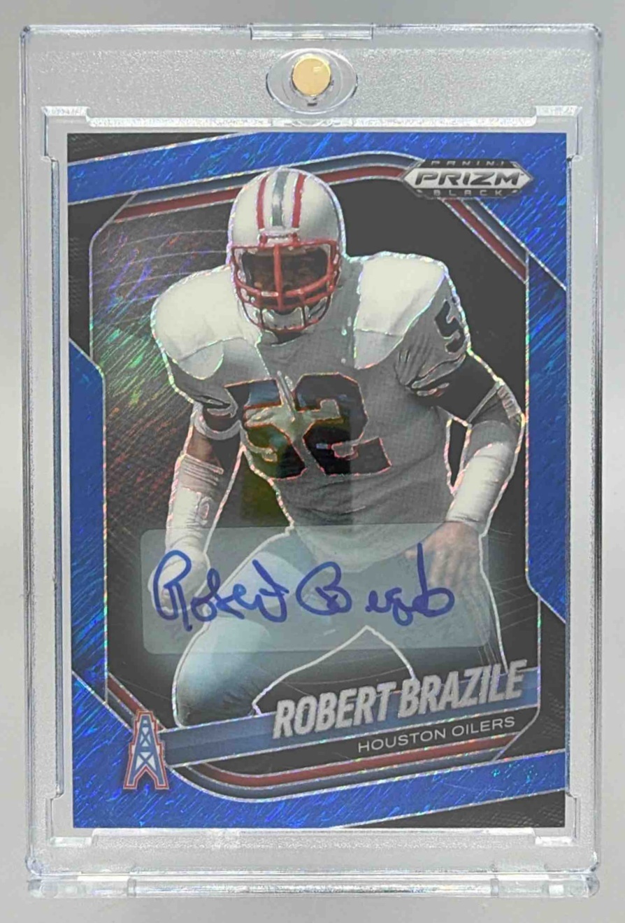 Card image for 2025 Panini Prizm Black Robert Brazile Auto Gold Shimmer FOTL /10 #64 Oilers