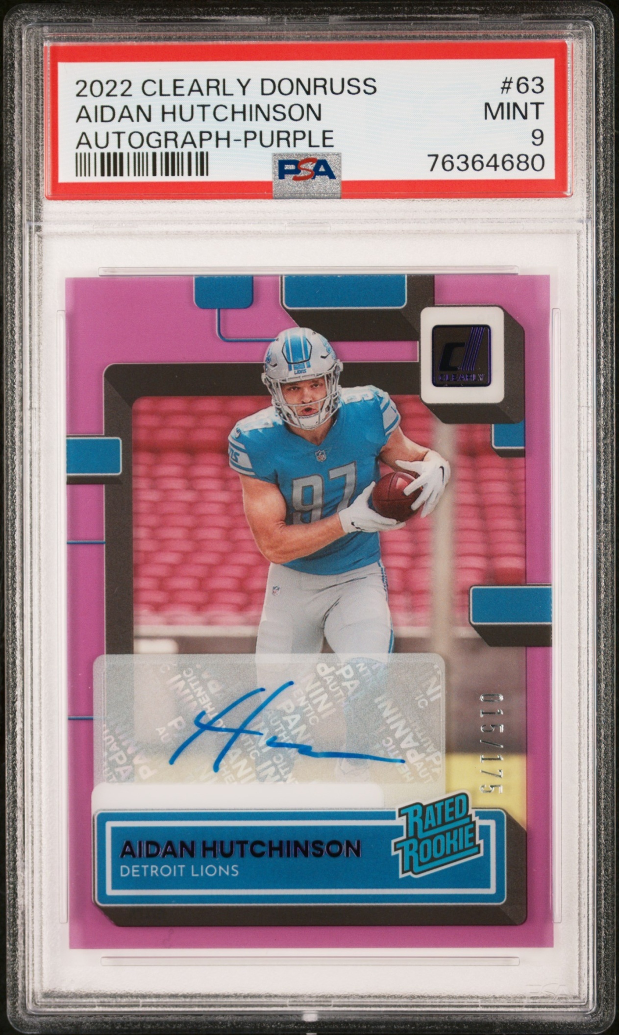 Card image for 2022 Panini Clearly Donruss Aidan Hutchinson Rated Rookie Auto Purple /175 #63 RC Lions
