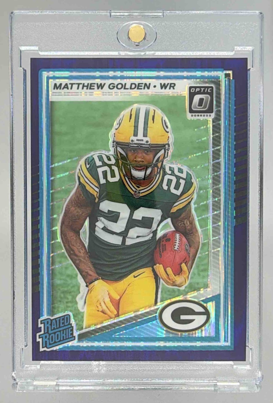 Card image for 2025 Panini Donruss Optic Matthew Golden Rated Rookie Green Hyper Prizm #205 Packers