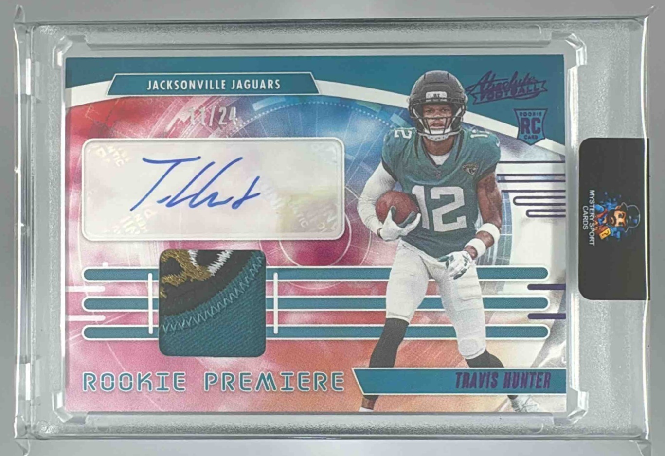 Card image for 2025 Panini Absolute Travis Hunter Rookie Premiere Materials Autos Quad Purple /24 #RPM-THR MEM RC Auto Jaguars