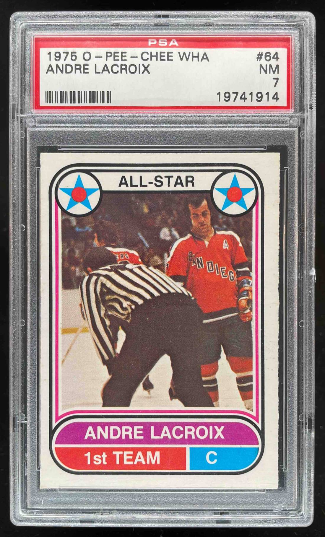 Card image for 1975-76 O-PEE-CHEE WHA ANDRE LACROIX #64 PSA 7 NM SAN DIEGO MARINERS