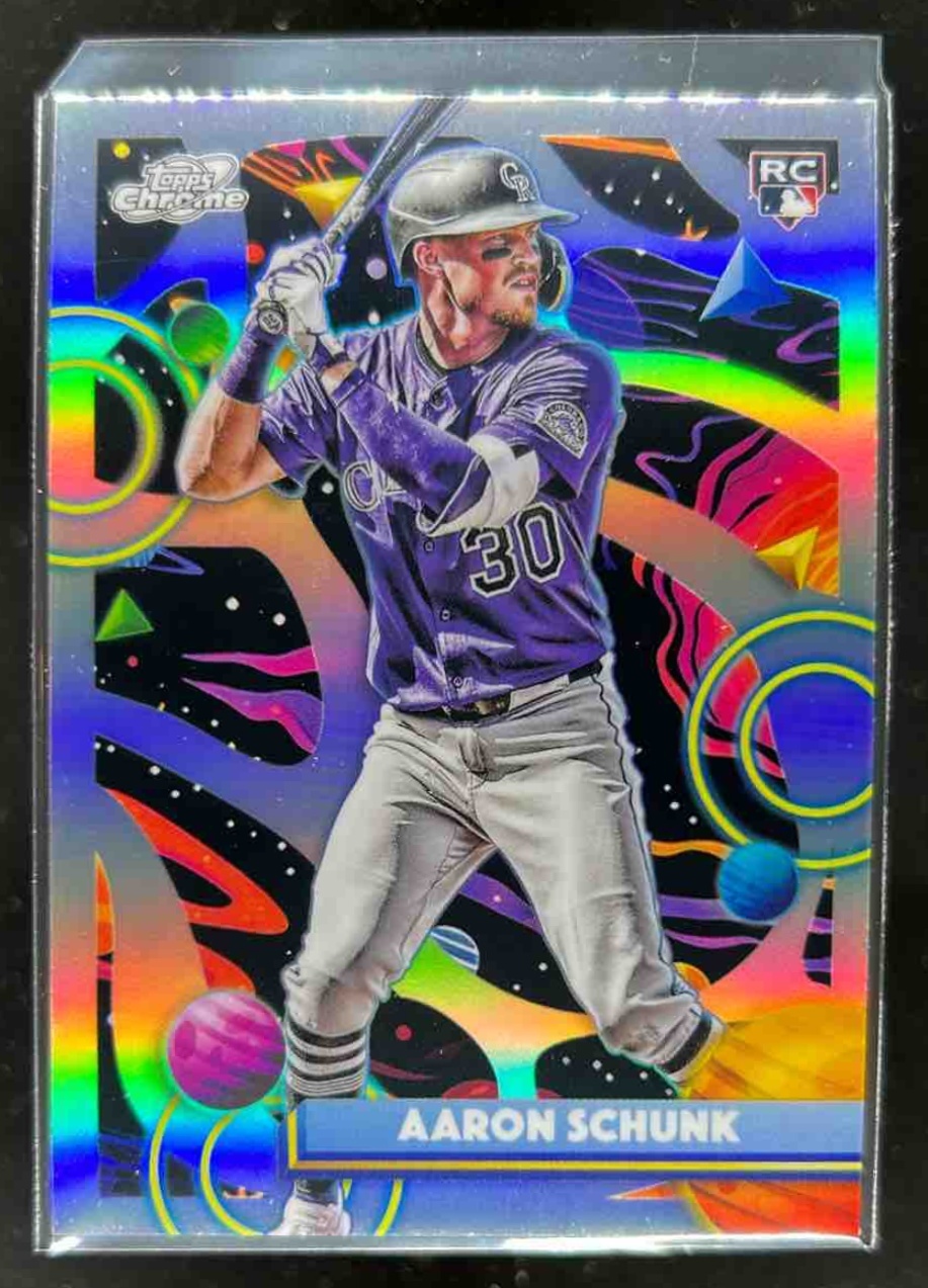 Card image for Aaron Schunk 2025 Topps Baseball Cosmic Chrome Refractor RC Colorado Rockies