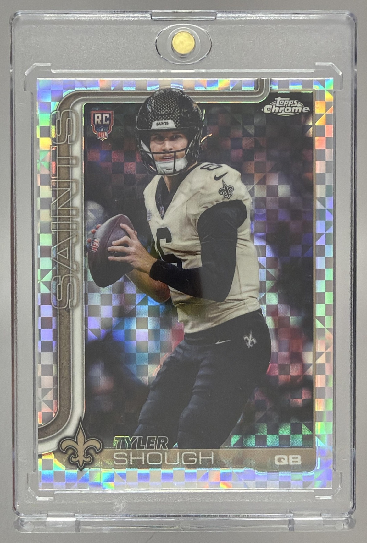 Card image for 2025 Topps Chrome Tyler Shough Rookie Lime Green X-Fractor #398 RC Saints