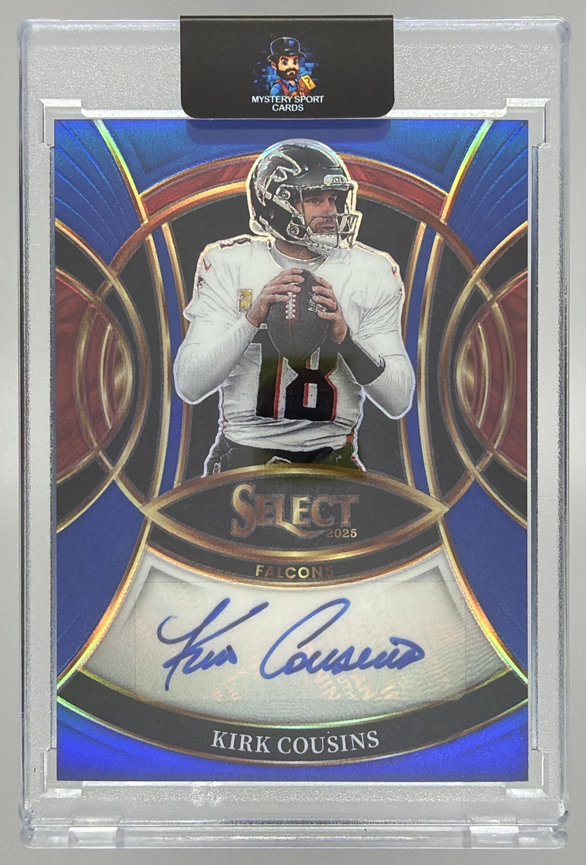 Card image for 2025 Panini Select Kirk Cousins Signatures Blue Prizm /149 #SP-KCS Auto Falcons