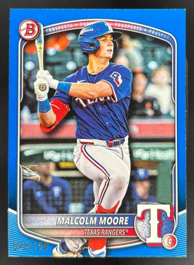 Card image for 2025 Bowman Draft Malcolm Moore Blue Border /150 #BD-191 Rangers