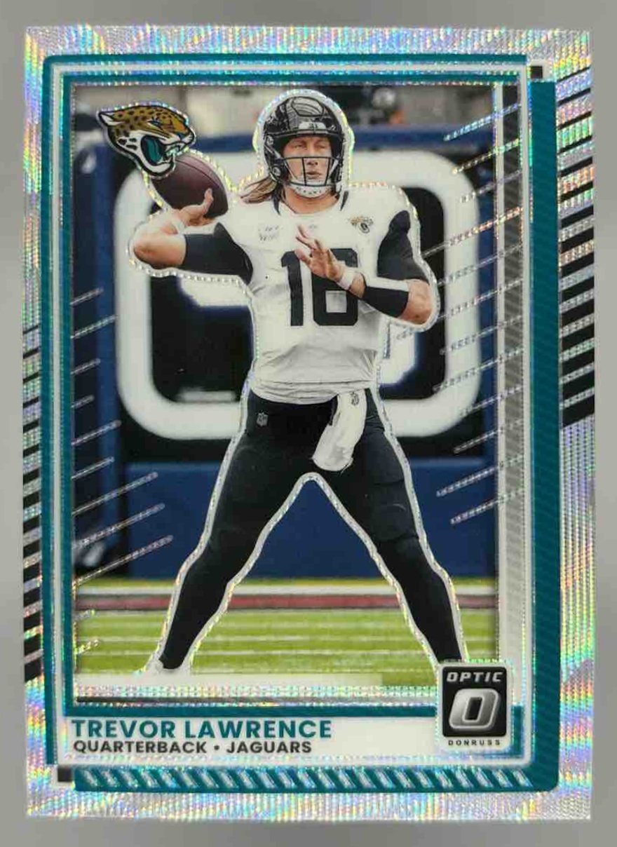 Card image for 2025 Panini Donruss Optic Trevor Lawrence Wave Prizm /300 #146 Jaguars