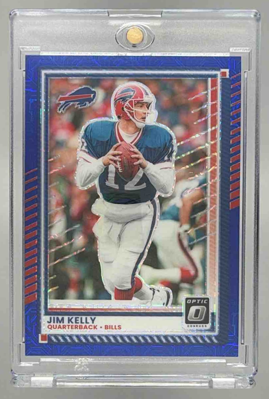 Card image for 2025 Panini Donruss Optic Jim Kelly Blue Mojo Prizm /55 #36 Bills