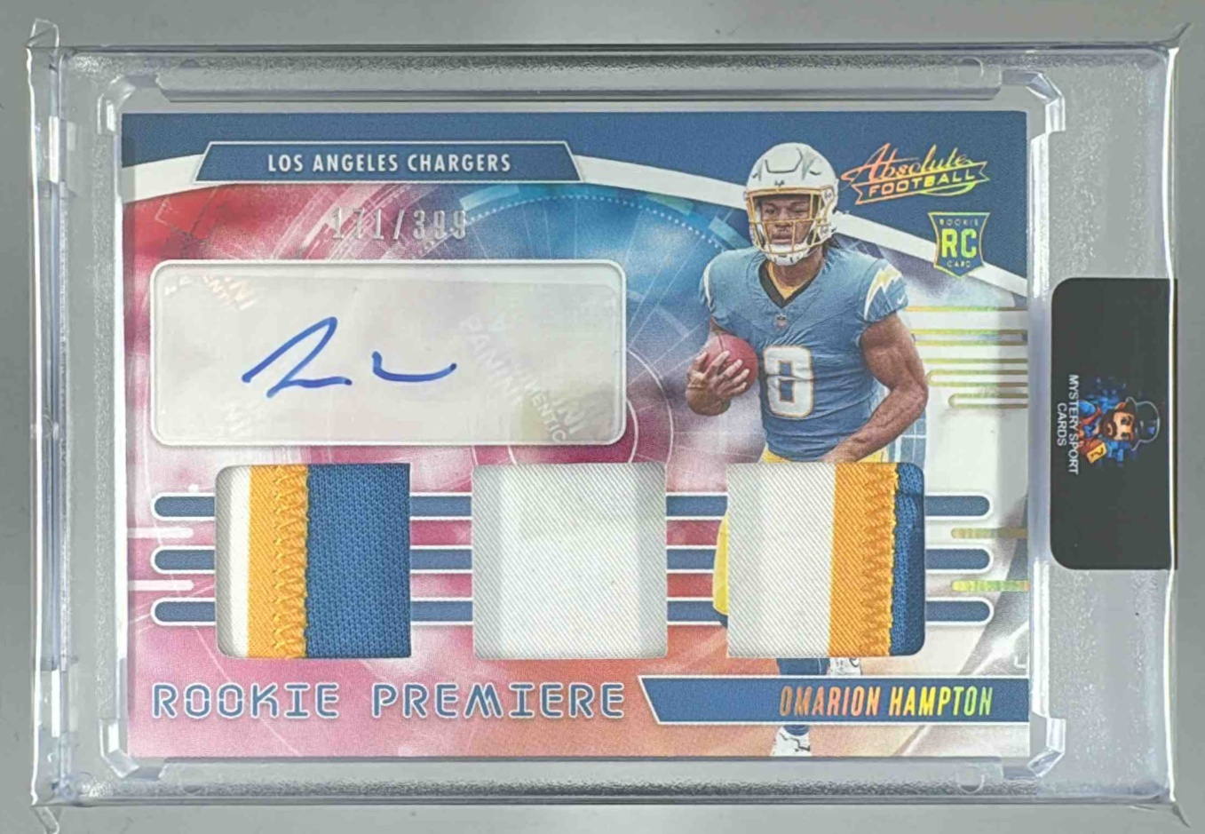 Card image for 2025 Panini Absolute Omarion Hampton Rookie Premiere Materials Autos /399 #RPM-OHN MEM RC Auto Chargers