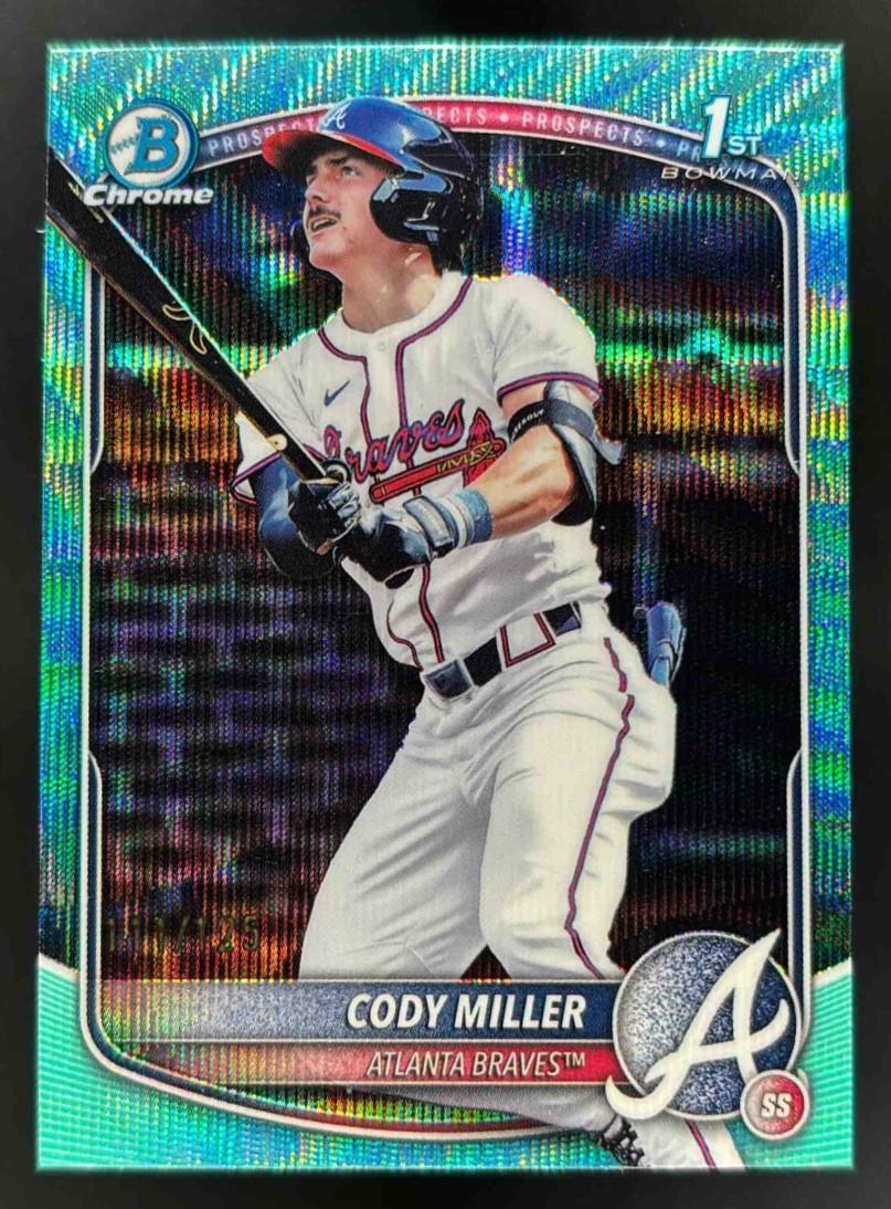 Card image for 2025 Bowman Draft Cody Miller Chrome Aqua Wave Refractor /125 #BDC-91 Braves