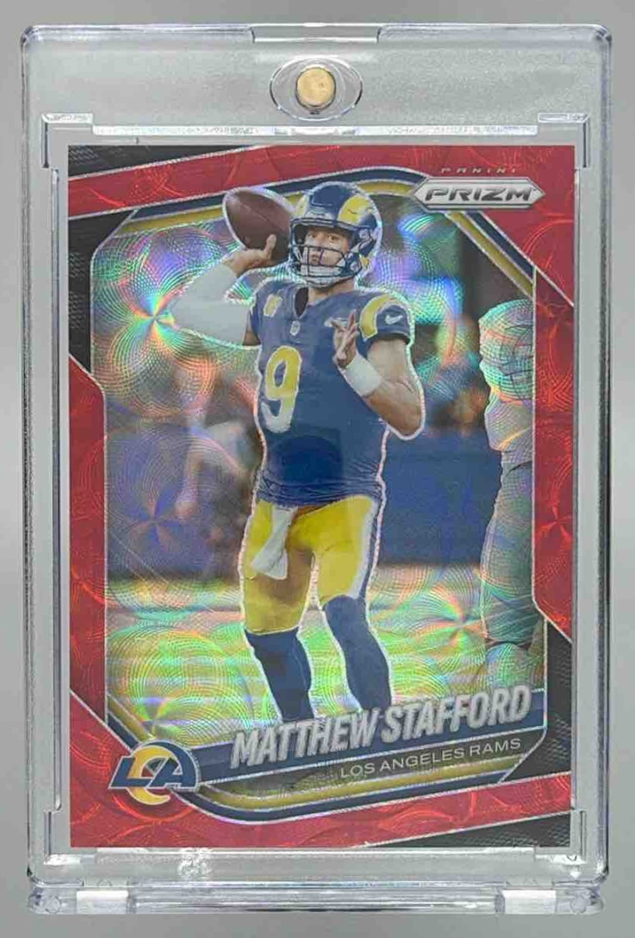 Card image for 2025 Panini Football Prizm Matthew Stafford Choice Red /20 #21 Los Angeles Rams