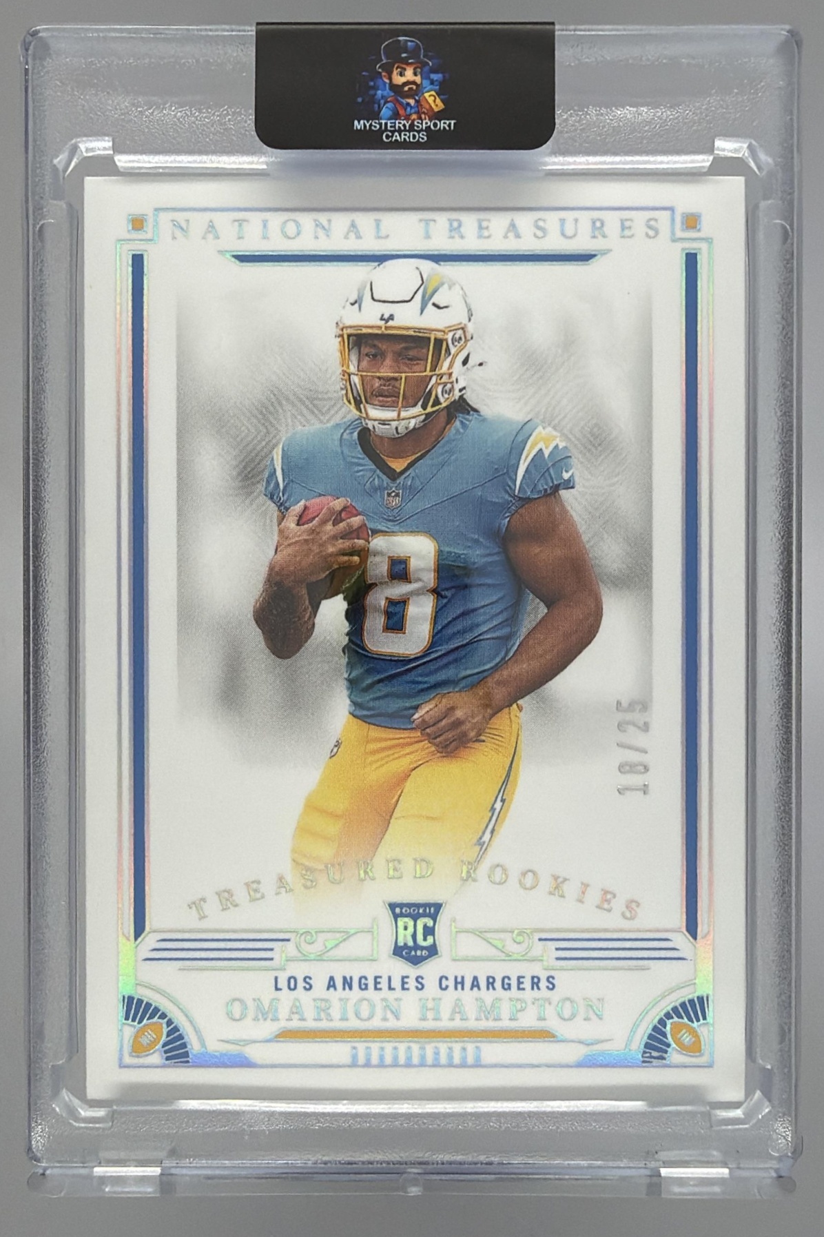 Card image for 2025 Panini National Treasures Omarion Hampton Treasured Rookies Holo Silver /25 #22 RC Chargers