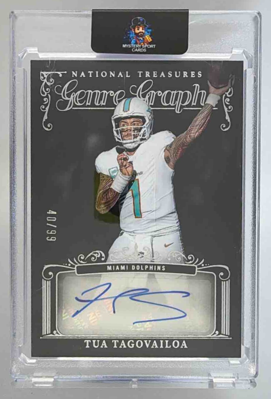 Card image for 2025 Panini National Treasures Tua Tagovailoa Genre Graphs Auto /99 #GG-TTA Dolphins