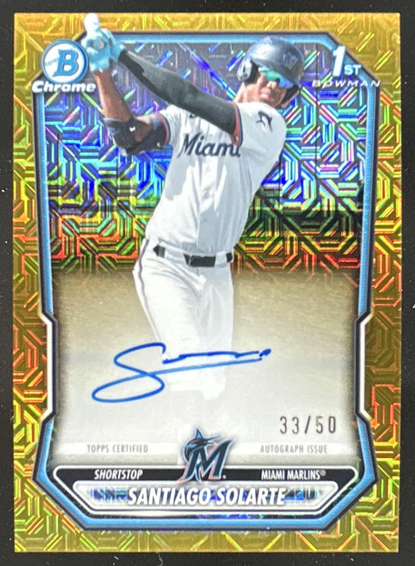 Card image for Santiago Solarte 2026 Bowman Chrome Mega Box Prospects Auto Gold Mojo Refractor /50