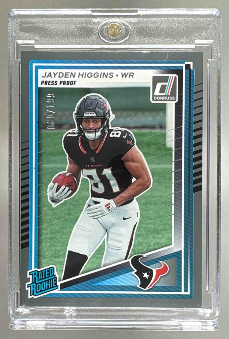 Card image for 2025 Panini Donruss Jayden Higgins Rated Rookie Press Proof Silver /199 #334 RC Texans