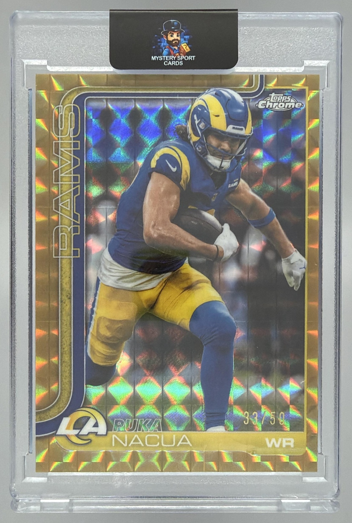 Card image for 2025 Topps Chrome Puka Nacua Gold Geometric Refractor /50 #166 Rams