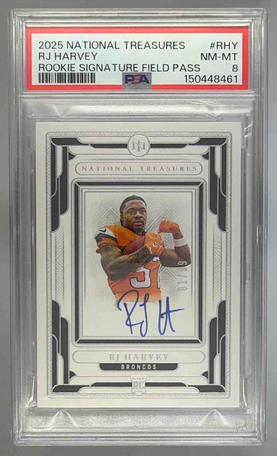 Card image for 2025 Panini National Treasures RJ Harvey Rookie Signatures Field Pass /99 #RSFP-RJH RC Auto Broncos