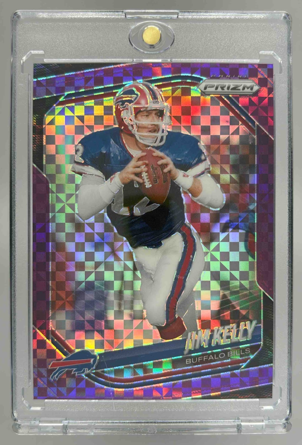Card image for 2025 Panini Football Prizm Jim Kelly Purple Power /49 #72 Buffalo Bills