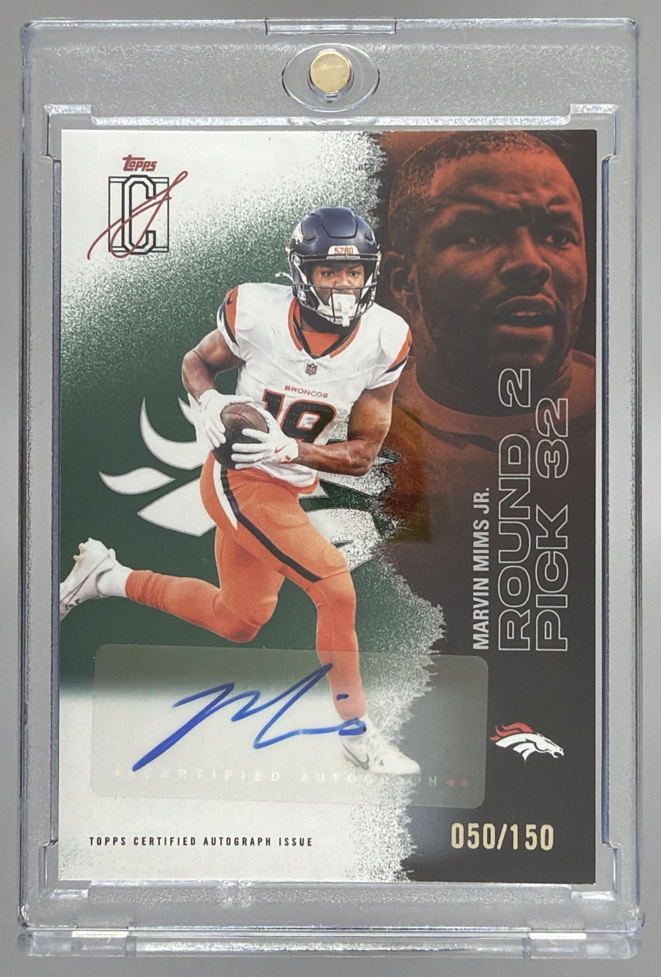 Card image for 2025 Topps Signature Class Marvin Mims Jr. Veteran Auto Green Foil /150 #73 Broncos