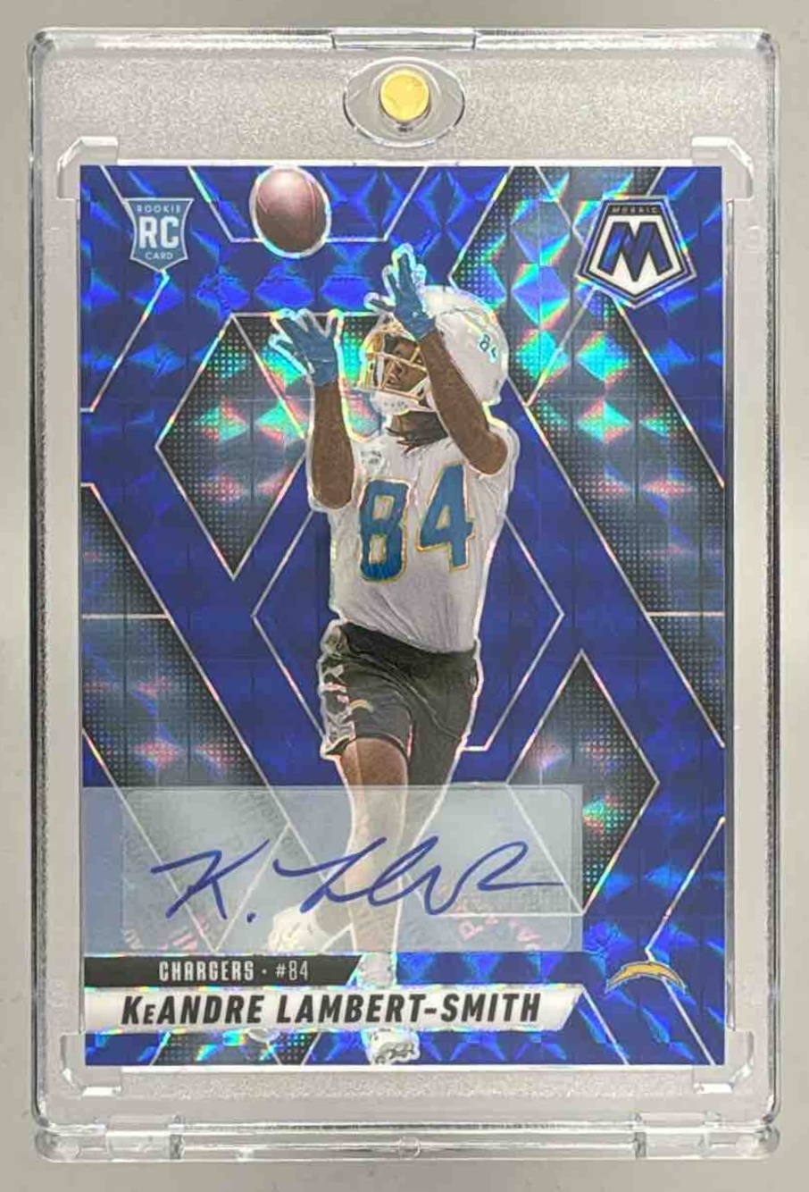 Card image for 2025 Panini Prizm KeAndre Lambert-Smith Sensational Signatures Blue Ice /99 #46 RC Auto Chargers