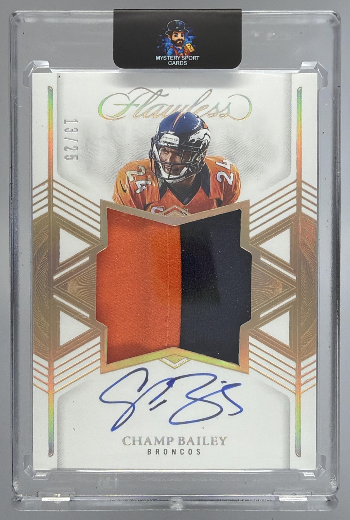 Card image for 2025 Panini Flawless Champ Bailey Distinguished Patch Auto /25 #18 MEM Broncos