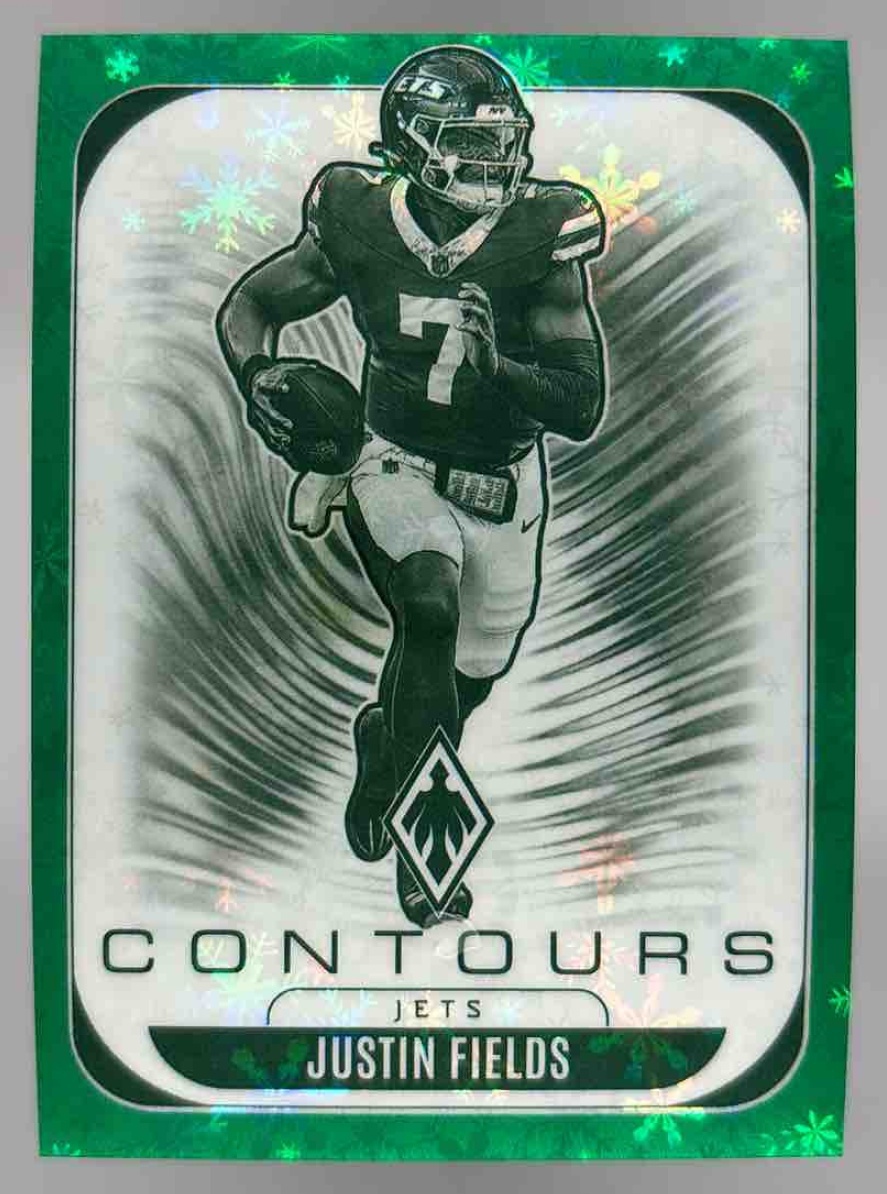 Card image for 2025 Panini Phoenix Justin Fields Contours Green Winter /75 #25 Jets