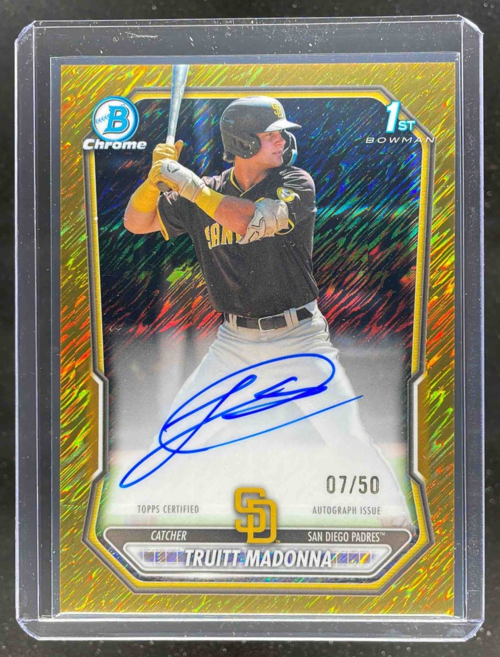 Card image for 2026 Bowman Truitt Madonna Chrome Auto Gold Shimmer Refractor /50 #CPA-TM 1st Prospect